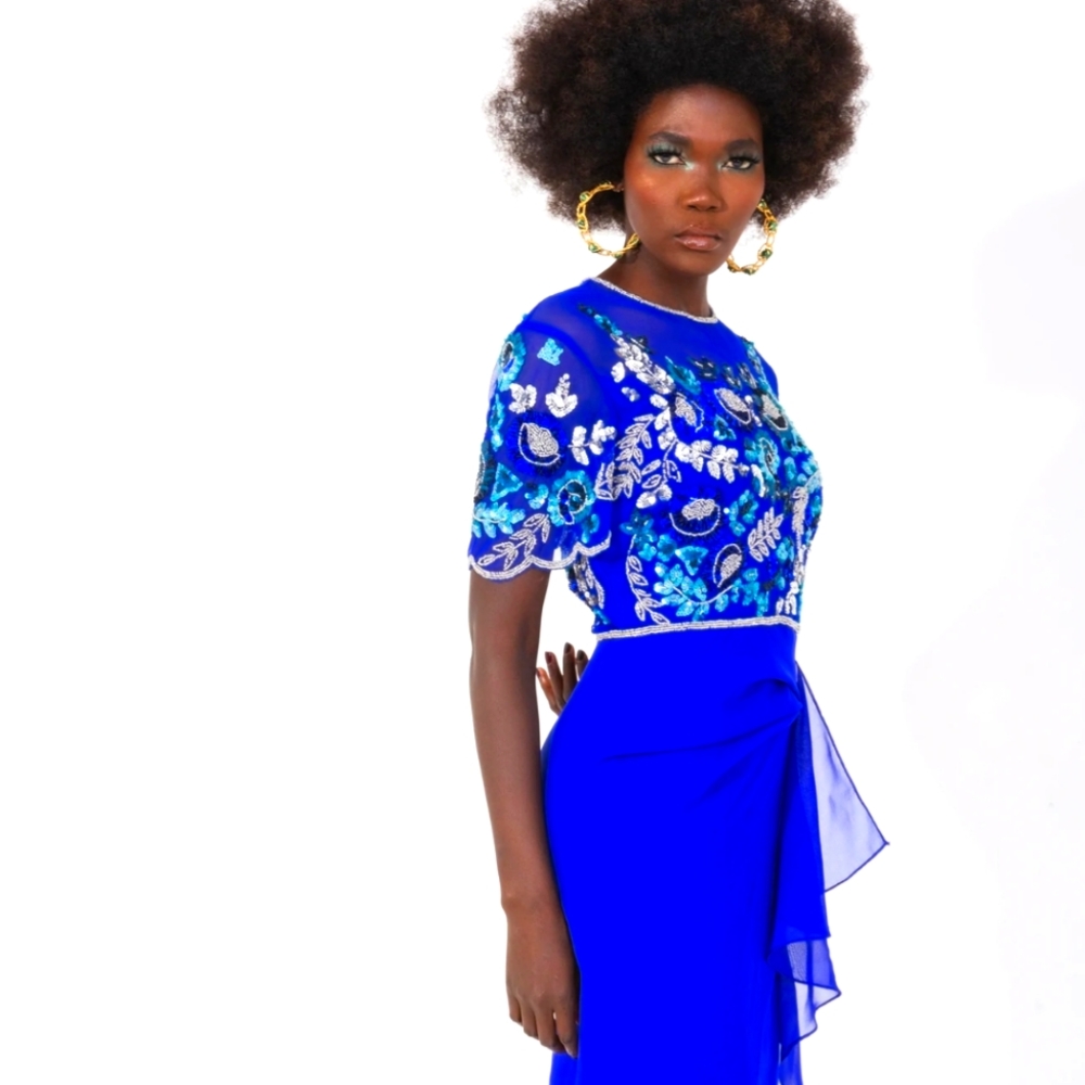 ASOS Blue Embellished Sheer Asymmetrical Dress - Picture 6 of 16